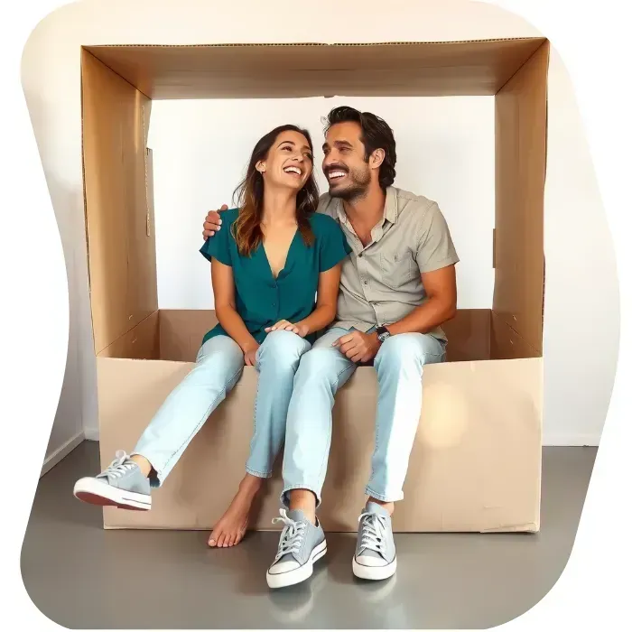 Two guys sitting on the floor of their apartment with Muval moving boxes