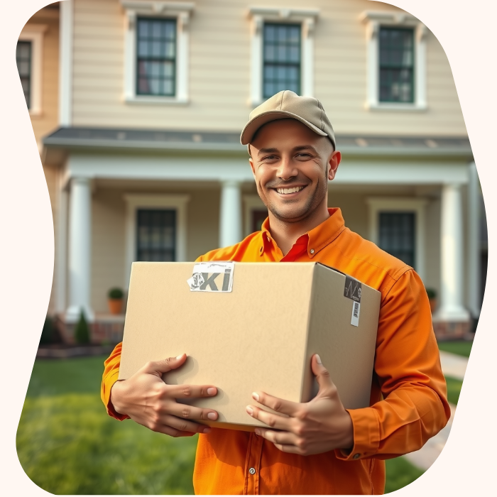 Two removalists moving boxes up stairs